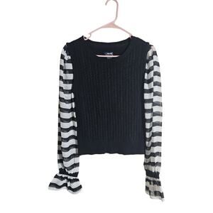 Maeve Anthropologie Black Knit Sweater Black White Stripe Chiffon Sleeves Sz S